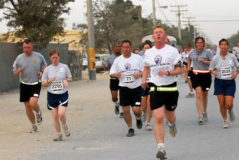 Soldiers and Airmen honor 9/11 by participating in the Patriots Day Run here Sept. 11th. Just hours after receiving incoming rocket attacks, more than 2,200 deployed servicemembers and civilians ran 9.11 km in remembrance of the 9/11 attacks. (Photo by U.S. Army Capt. Michelle Lunato, 359th Theater Tactical Signal Brigade)