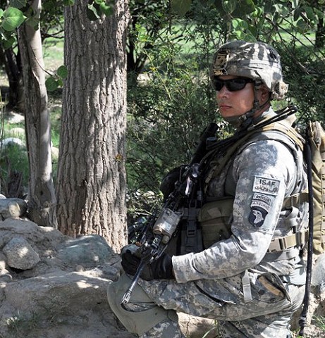 U.S. Army Spc. Adam D. Lopez of Aurora, CO, a team leader with Company A, 2nd Battalion, 327th Infantry Regiment, Task Force No Slack, provides security during a visit to Lar Sholtan village in eastern Afghanistan's Kunar province Aug. 21st. (Photo by U.S. Army Staff Sgt. Gary A. Witte, 300th Mobile Public Affairs Detachment)