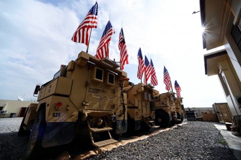 Members of the Khowst Provincial Reconstruction Team displayed American flags here Sept. 11 in remembrance of the 9/11 events. (Photo by U.S. Air Force Senior Airman Julianne M. Showalter, Khowst Provincial Reconstruction Team Public Affairs Office) 