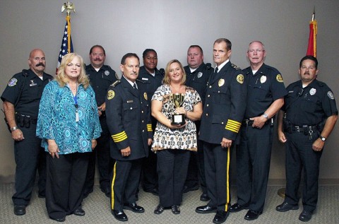 Back Row, L-R Ofc Alan Altman, Ofc Bob Peterson, Ofc Christina Gilliard, Ofc Mike Caver, Front Row-L-R Margaret Perkinson, Deputy Chief Frankie Gray, Misty Mackens, Chief Al Ansley, Lt Gary Hurst, Ofc Derrick Cronk. Back Row, L-R Ofc Alan Altman, Ofc Bob Peterson, Ofc Christina Gilliard, Ofc Mike Caver, Front Row-L-R Margaret Perkinson, Deputy Chief Frankie Gray, Misty Mackens, Chief Al Ansley, Lt Gary Hurst, Ofc Derrick Cronk.
