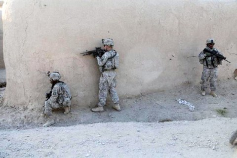 Soldiers from Company C, 3rd Battalion, 187th Infantry Regiment, 101st Airborne Division, patrol to clear a village in West Paktika Province, Afghanistan.  The Rakkasan Soldiers are part of Task Force Iron who recently relocated to East Ghazni province to join Task Force White Eagle.  In the first few weeks in their new area of operations, TF Iron has killed numerous insurgents and captures caches of weapons and explosive. (Photo by U.S. Army Spc. Lorenzo Ware, 982nd Combat Camera Co.)