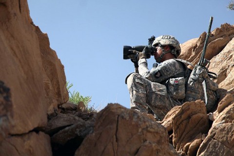 A U.S. Army Soldier with 3rd Battalion, 187th Infantry Regiment, 3rd Brigade Combat Team, watches over an area in the Waza Kwah District here during dismounted operations. The Iron Rakkasans passed the responsibility for Paktika Province to Task Force Currahee Sept. 9th, and will now be headquartered in Ghazni Province. (Photo by U.S. Army Sgt. Jeffrey Alexander, Combined Joint Task Force-101 Combat Camera)