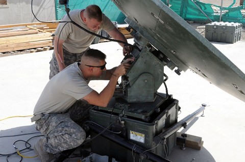 U.S. Army Sgt. Darrell W. Coffman, Company C, Headquarters and Headquarters Battalion, VSAT facility noncommissioned officer in charge and a native of Clarksville, TN (top), and U.S. Army Sgt. William M. Hemingway, Company C, HHB, 101st Airborne Division, TT (traffic terminal) and SPOP (SIPR point of presence) and reset technician, and a native of Collinsville, IL, troubleshoot a problem with an SPOP here Sept. 7th. The SPOP is part of the system that enables computer-network communication between coalition forces in Afghanistan. (Photo by U.S. Army Sgt. Grant Matthes, Regional Command-East Public Affairs)