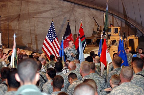 U.S. Army Maj. Gen. John F. Campbell, Regional Command-East, Combined Joint Task Force-101 commander addresses the crowd of more than 200 servicemembers from various units on BAF who attended a live broadcast of the Geraldo show here Oct. 25th. (Photo by U.S. Army Sgt. Charles Espie, Task Force Wolverine Public Affairs)