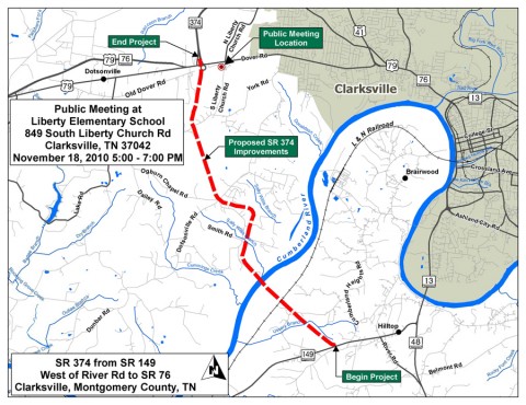 Proposed improvements to SR-374 from SR-149 west of River Road to SR-76 in Clarksville, Montgomery County, TN.