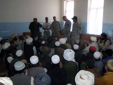 Task Force Iron Rakkasan leadership speaks to village elders and the Andar district sub-governor Oct. 8th following an incident that resulted in civilian casualties. The insurgent-initiated firefight resulted in four civilians killed and three civilians wounded. The wounded were evacuated to nearby Forward Operating Base Ghazni for medical care and eventually taken to Bagram Air Field. (Photo by U.S. Army Capt. Scott Harris)