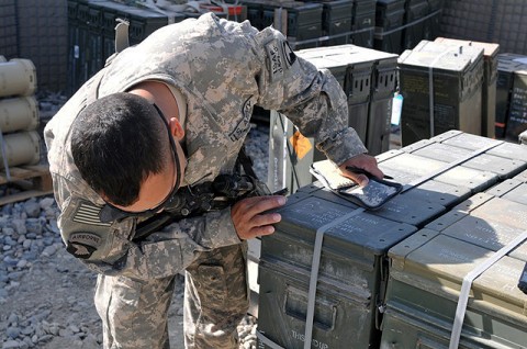 U.S. Army Sgt. Brandon R. Mendez of Clarksville, TN, an Administrative and Logistics Operations Center Soldier with 1st Squadron, 32nd Calvary Regiment, Task Force Bandit, inventories ammunition before shipping it off to his unit in eastern Afghanistan’s Kunar Province Oct. 24th. (Photo by U.S. Army Spc. Richard Daniels Jr., Task Force Bastogne Public Affairs)