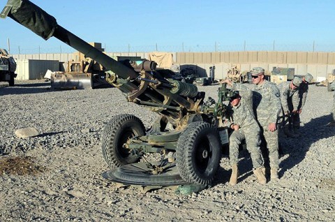U.S. Army Spc. Adam C. Haas, a cannon crewmember with Battery A, 4th Battalion, 320th Field Artillery Regiment, 4th Brigade Combat Team, 101st Airborne Division and native of Ionia, MI, sites in the M119 howitzer Oct. 6th while being inspected by U.S. Army Sgt. James D. Storozuk, a native of Clarksville, TN, on Forward Operating Base Khayr-Khot Castle. The cannon crew uses their down time to cross-train all crew members on every position on the gun. (Photo by U.S. Army Spc. Luther L. Boothe Jr., Task Force Currahee Public Affairs) U.S. Army Spc. Adam C. Haas, a cannon crewmember with Battery A, 4th Battalion, 320th Field Artillery Regiment, 4th Brigade Combat Team, 101st Airborne Division and native of Ionia, MI, sites in the M119 howitzer Oct. 6th while being inspected by U.S. Army Sgt. James D. Storozuk, a native of Clarksville, TN, on Forward Operating Base Khayr-Khot Castle. The cannon crew uses their down time to cross-train all crew members on every position on the gun. (Photo by U.S. Army Spc. Luther L. Boothe Jr., Task Force Currahee Public Affairs)