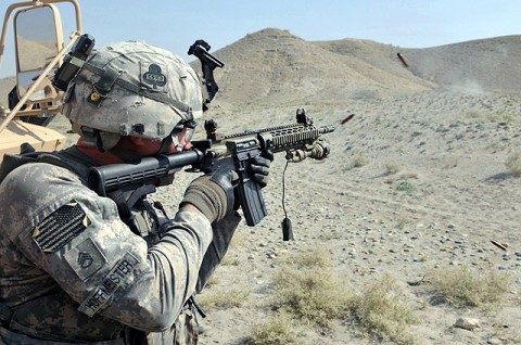 U.S. Army Staff Sgt. Jobe D. Hoffmeisterin of Clarksville, TN, Transportation Platoon, Company A, 426th Brigade Support Battalion, fires a fully automatic M4 rifle at a heavy weapons range in eastern Afghanistan’s Nangarhar Province Oct. 11th. Task Force Taskmaster Soldiers understand weapons familiarization and proficiency could make the difference in the fiercest of battles. (Photo by U.S. Army Spc. Richard Daniels Jr., Task Force Bastogne Public Affairs)