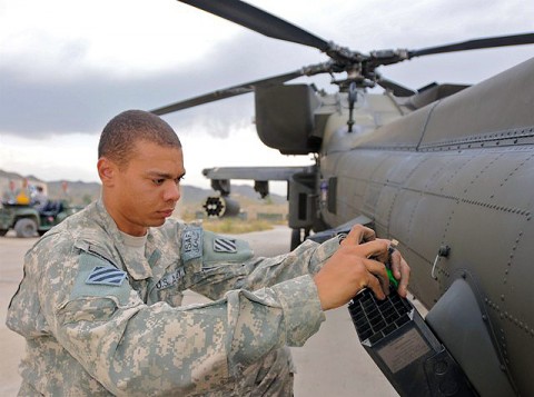 U.S. Army Spc. Spencer Riddick, an AH-64 Apache helicopter armament, electronics and avionics repairer from Ridgecrest, CA, assigned to Company D, Task Force Viper works to disassemble and clean a chaff dispenser on the tail section of an Apache on Forward Operating Base Salerno Sept. 30th. (Photo by U.S. Army Staff Sgt. Brent C. Powell, 3rd Brigade, 101st Airborne Division)