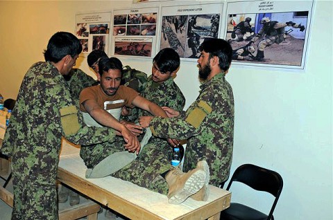 Afghan National Army soldiers from the 1st Brigade, 203rd Corps apply a bandage to a simulated casualty at the Combined Learning Center on Camp Parsa Oct. 5th as part of a five-day combat life saver course being taught by both U.S. and Afghan combat medics. (Photo by U.S. Army Staff Sgt. Brent C. Powell, 3rd Brigade, 101st Airborne Division)