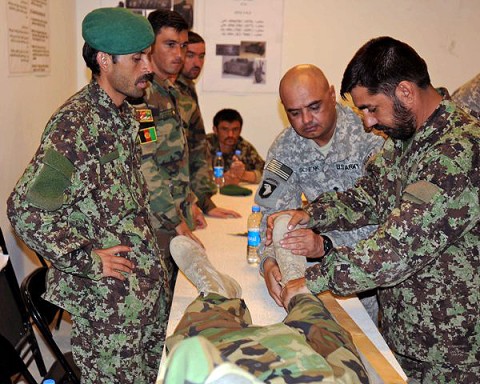 U.S. Army Spc. Tom Schenk, a combat medic and native of Chula Vista, CA, assigned to Headquarters, 1st Squadron, 33rd Cavalry Regiment, demonstrates how to properly apply a splint to Afghan National Army soldiers enrolled in a five-day combat life saver course on Camp Parsa Oct. 5th. (Photo by Army Staff Sgt. Brent C. Powell, 3rd Brigade, 101st Airborne Division)