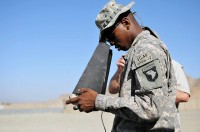 U.S. Army Pfc. Timothy J. Jones, of Fort Worth, Texas, a rifleman with 1st Platoon, Company D, 2nd Battalion, 327th Infantry Regiment, Task Force Spartan guides an unmanned aircraft system with a hand controller at Combat Outpost Garcia here Oct. 3rd. (Photo by U.S. Army Sgt. Albert L. Kelley, 300th Mobile Public Affairs Detachment)