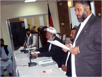 Khowst Primary Court Chief Judge Abdul Hanan Mansoor participates in the mock trial conducted on the final day of the Task Force Rakkasan five-day Continuing Legal Education conference Sept. 25th-29th in Kabul, Afghanistan. More than 100 lawyers and judges from Eastern Afghanistan attended the CLE conference. (U.S. Army Courtesy Photo)