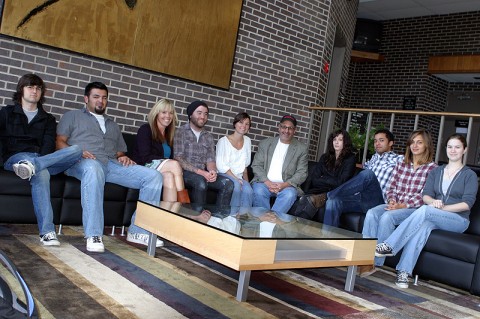 Austin Peay State University art students, pictured inside the Trahern student lobby, will present several art shows and exhibits this fall on campus. Members of the class are (from left) James Linkous, Tomas Lopez, April Mathews, Zack Finney, Holly McClelland, Gregg Schlanger, Sarah Andrews, Marco Lamar, Courtney Kroupa and Britney Williams. (Photo By Charles Booth/APSU Public Relations and Marketing)