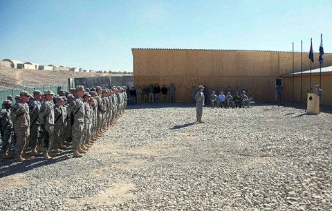 U.S. Army Col. Sean M. Jenkins, commander of Task Force Currahee, 506th Infantry Regiment, 4th Brigade Combat Team, 101st Airborne Division, speaks to Soldiers from Headquarters and Headquarters Company, 4th BCT, 101st Airborne Division, during the Currahee Veteran’s Day Remembrance Ceremony here Nov. 11th. (Photo by U.S. Army Spc. Kimberly K. Menzies, Task Force Currahee Public Affairs)