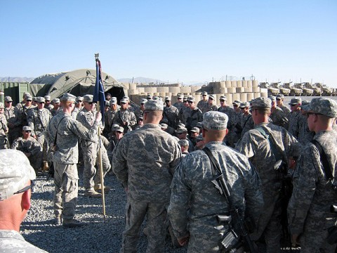 Soldiers of Company A, 3rd Battalion, 187th Infantry Regiment (Task Force Iron Rakkasan), 3rd Brigade Combat Team, 101st Airborne Division, gather at Forward Operating Base Deh Yak to hear from U.S. Army Lt. Col. David Fivecoat from Delaware, Ohio, Iron Rakkasan commander. (Photo by U.S. Army 1st Lt. R.J. Peek, Task Force Iron Rakkasan