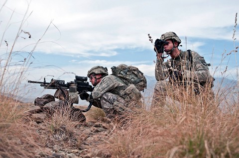 U.S. Army Spc. Joshua D. Heinbuch (left), an MK48 machine gunner from Englewood, FL, and U.S. Army Spc. James M. Piccolo, an assistant gunner from Longview, WA, pull security in the Shalay Valley in eastern Afghanistan’s Kunar Province after finding an improvised explosive device in the road Nov. 4th. (Photo by U.S. Army Staff Sgt. Mark Burrell, 210th Mobile Public Affairs Detachment)