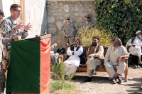U.S. Army Lt. Col. Joel Vowell of Birmingham, AL, commander of the 101st Airborne Division’s Task Force No Slack, addresses village elders at the Narang District Center during the Security and Development Shura here Nov. 2. More than 100 village elders from across the district attended the shura. (Photo by U.S. Air Force Capt. Peter Shinn, 734th Agribusiness Development Team)