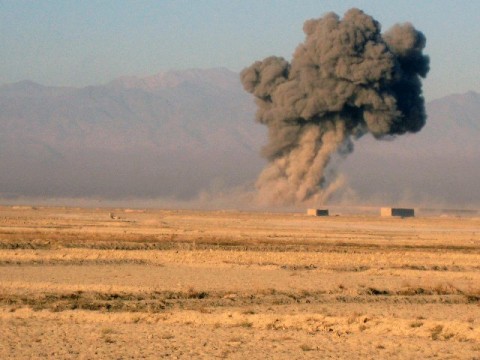 Soldiers from Company A, 3rd Battalion, 187th Infantry Regiment watch from an observation post as air assets are dropped on insurgent positions during Operation Iron Blade II Nov. 28th. Three infantry companies from 3rd Bn. 187th Inf. Regt., along with Afghan National Security Forces units conducted the operation to deny enemy safe havens in Ghazni Province. (Photo by U.S. Army Lt. Col. David Fivecoat, 3rd Battalion, 187th Infantry)