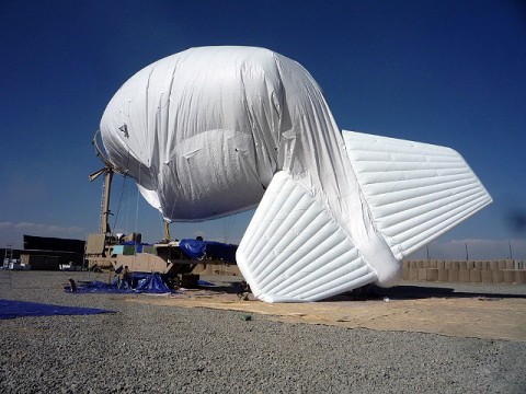 The Precision Threat Decision System blimp inflates in preparation for first flight at Forward Operating Base Andar Nov. 17th. The PTDS system will increase security in the district by preventing enemy freedom of movement.  (U.S. Army courtesy photo)