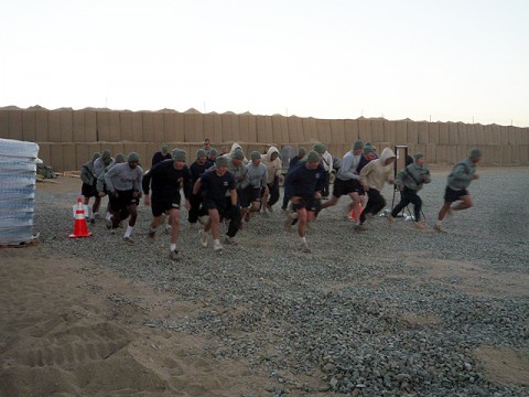 Soldiers on Forward Operating Base Andar kick off the Afghanistan portion of the Turkey Trot five-kilometer race Nov. 20th. Soldiers from all elements assigned to FOB Andar participated in the run. Twelve hours later, Soldiers and families from the same units on Fort Campbell ran their leg of the Turkey Trot to show solidarity to their deployed Iron Rakkasans. (Photo by U.S. Army Capt. Michael Naas, Task Force Iron Rakkasan Headquarters Company commander)