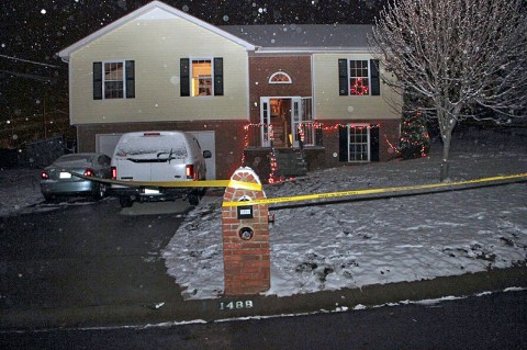 Crime scene - Residence at night. (Photo by CPD-Jim Knoll)