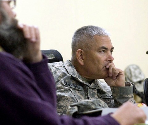 U.S. Army Maj. Gen. John Campbell, Combined Joint Task Force 101 and Regional Command East commander, attends a briefing at Forward Operating Base Gardez Dec. 8th. Base leaders briefed the commander about counterinsurgency operations conducted in Paktya province. (Photo by U.S. Air Force Staff Sgt. Barry Loo, Paktya Provincial Reconstruction Team Public Affairs)