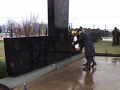 US Army Lieutenant Colonel Sidney McMannis (Obscured) and Command Sergeant Major Raymond Rodriquez (Foreground) place a wreath on the memorial for Task Force 3rd Battalion, 502nd Infantry Regiment, 2nd Brigade, 101st Airborne Division Soldiers. This took place during the Division Gander Memorial Ceremony on December 12th, 1999, at Fort Campbell, Kentucky. The Memorial commemorates the 248 soldiers lost in a plane crash at Gander, Newfoundland, Canada. US Army Lieutenant Colonel Sidney McMannis (Obscured) and Command Sergeant Major Raymond Rodriquez (Foreground) place a wreath on the memorial for Task Force 3rd Battalion, 502nd Infantry Regiment, 2nd Brigade, 101st Airborne Division Soldiers. This took place during the Division Gander Memorial Ceremony on December 12th, 1999, at Fort Campbell, Kentucky. The Memorial commemorates the 248 soldiers lost in a plane crash at Gander, Newfoundland, Canada.