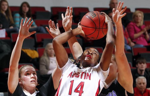 Sophomore Neika Smith scored four points, including this putback with nine seconds remaining in the Lady Govs loss to Lipscomb, Wednesday. (Courtesy: Robert Smith/The Leaf-Chronicle)