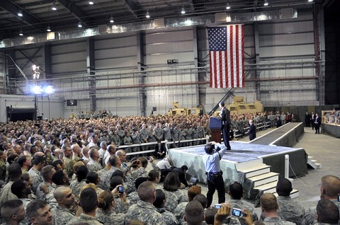 President Barack Obama sends a holiday message to servicemembers during his surprise visit to Bagram Airfield Dec. 3rd. (Photo by U.S. Army Staff Sgt. Michael L. Sparks, 17th Public Affairs Detachment)