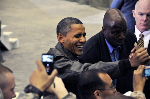 President Barack Obama shakes hands with servicemembers during his surprise visit to Bagram Airfield Dec. 3rd. (Photo by U.S. Army Staff Sgt. Michael L. Sparks, 17th Public Affairs Detachment)