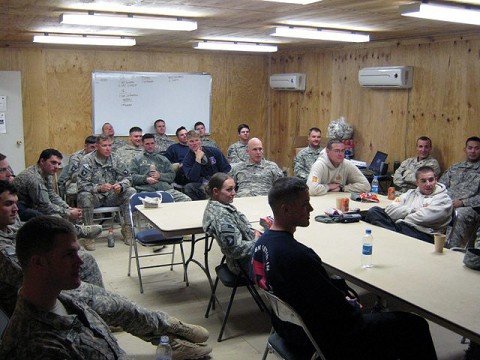 Staff and Soldiers of Task Force Iron Rakkasan gathered in the battalion’s conference room on Forward Operating Base Andar to watch the 111th Army versus Navy football game Dec. 12th. (Photo by U.S. Army 1st Lt. R.J. Peek, Task Force Iron Rakkasan Public Affairs)