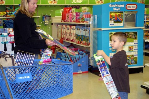 Mother and son out shopping.