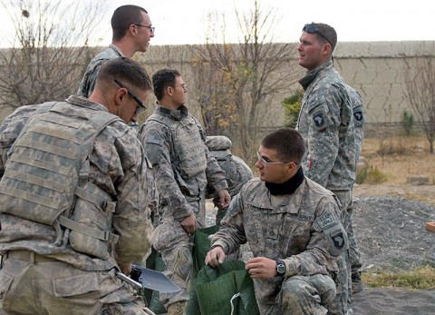 Soldiers from Company B, 1st Battalion, 187th Infantry Regiment, 101st Airborne Division, fill sand bags to better fortify their firing positions on the outpost they occupy in Sabari District Dec. 30th. (Photo by U.S. Army Staff Sgt. Andrew Guffey, Task Force Rakkasan)