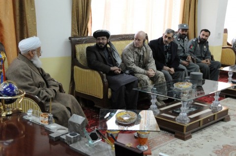 (From left to right) Minister of Justice of the Islamic Republic of Afghanistan Habibullah Ghalib, Paktika Province Gov. Moheebullah Samim and Combined Joint Interagency Task Force 435 Commander Vice Adm. Robert S. Harward discuss the provincial government’s legal system during a meeting at Forward Operating Base Rushmore Jan. 20th. (Photo by U.S. Army Sgt. Luther L. Boothe Jr., Task Force Currahee Public Affairs)