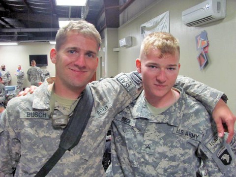 ”U.S. Army Sgt. Jason Busch, Company A, 1st Battalion, 187th Infantry Regiment, 3rd Brigade Combat Team, (left) poses with his brother, U.S. Army Cpl. Josh Busch, 3rd platoon, Company D, 1st Battalion, 327th Infantry Regiment, 1st Brigade Combat Team. Both Soldiers are from Seymour, WI. (Courtesy Photo)