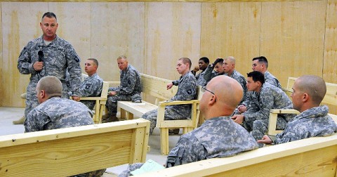 U.S. Army Chaplain (Maj.) Randal H. Robison, 101st Airborne Division, talks to Soldiers about having the spiritual strength to overcome adversity and stress and maintaining the ability to “come back stronger” during resiliency training at Forward Operating Base Sharana Jan. 9th. (U.S. Army Photo by Sgt. Luther L. Boothe Jr., Task Force Currahee Public Affairs)