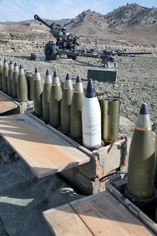 High-explosive and illumination rounds for the M119A2, 105 mm howitzer sit inside holding cases ready to be used during Operation Toccoa Tukarah III Dec. 27th. The howitzer was operated by Battery A, 4th Battalion of the 320th Field Artillery Regiment, 4th Brigade Combat Team, 101st Airborne Division. (Photo by U.S. Army Spc. Zach Burke, Task Force Currahee)