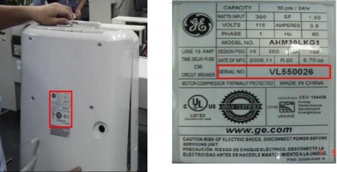 Rating Label with Model and Serial Number shown here.