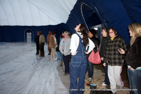 Parks and Recreation staff getting their first look at the inside of the newly inflated dome at the Indoor Aquatic Center