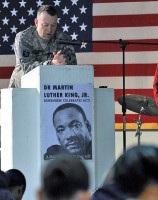 U.S. Army Maj. Jimmie Gregory, a native of Elyria, Ohio and the Combined Joint Task Force-101 Chaplain, gives an invocation during an event held to honor Dr. Martin Luther King Jr. at Bagram Airfield, Afghanistan, Jan. 17th. (Photo by U.S. Army Sgt. Scott Davis, Regional Command-East Public Affairs)