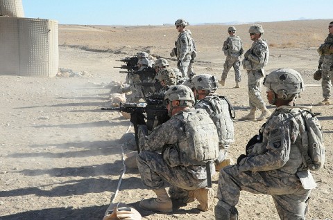 U.S. Army Soldiers from 4th Brigade Combat Team, 101st Airborne Division, fire their weapons as part of the “stress shoot” at Forward Operating Base Sharana Jan. 9th. (Photo by U.S. Army Sgt. Luther L. Boothe Jr., Task Force Currahee Public Affairs)