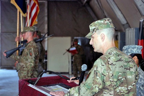 U.S. Army Col. Christopher Toner, a Topeka, KS, native and commander of the 3rd Brigade Combat Team, 1st Infantry Division, Task Force Duke, speaks at a transfer of authority ceremony held at Forward Operating Base Salerno Jan. 30th.  (Photo by U.S. Army Staff Sgt. Ben K. Navratil, Task Force Duke Public Affairs)