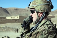 U.S. Army Capt. Mike Denny of Falls Church, VA, assigned to 2nd Battalion, 4th Infantry Regiment, 4th Brigade Combat Team, 10th Mountain Division, uses the radio to coordinate security during a visit to the Daymirdad District Center in Wardak Province Jan. 9th. (Photo by U.S. Army Sgt. Sean P. Casey, 982nd Combat Camera)