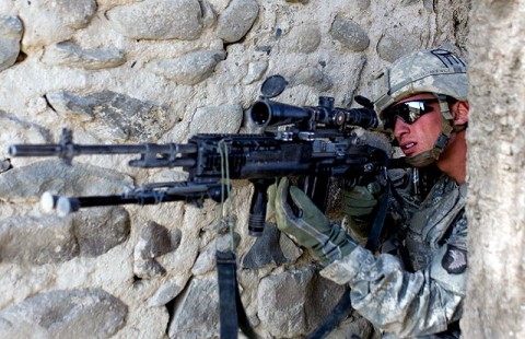 U.S. Army Spc. Kyle Oszczakiewicz, an infantryman with 2nd Platoon, Company B, 1st Battalion, 187th Infantry Regiment, a native of Trenton, NJ, scans for an insurgent as 2nd Plt. receives small arms fire from across a wadi in Zambar, Afghanistan, Jan. 18th. (Photo by U.S. Army Staff Sgt. Andrew Guffey, Task Force Rakkasan Public Affairs Office) U.S. Army Spc. Kyle Oszczakiewicz, an infantryman with 2nd Platoon, Company B, 1st Battalion, 187th Infantry Regiment, a native of Trenton, NJ, scans for an insurgent as 2nd Plt. receives small arms fire from across a wadi in Zambar, Afghanistan, Jan. 18th. (Photo by U.S. Army Staff Sgt. Andrew Guffey, Task Force Rakkasan Public Affairs Office)