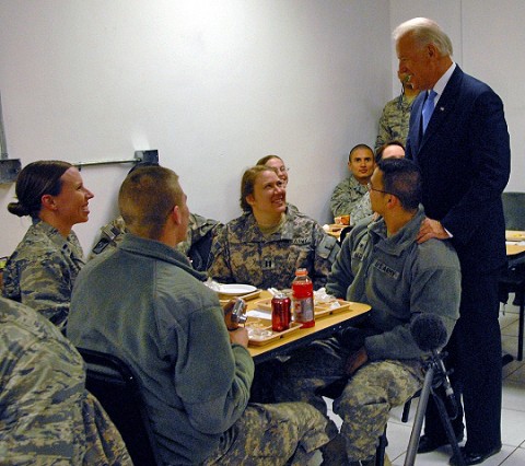 Vice President Joe Biden talks to servicemembers during breakfast at Bagram Airfield Jan. 12th where he had met with about 400 troops and thanked them individually for their service. (Photo by U.S. Army Sgt. David House, 17th Public Affairs Detachment)