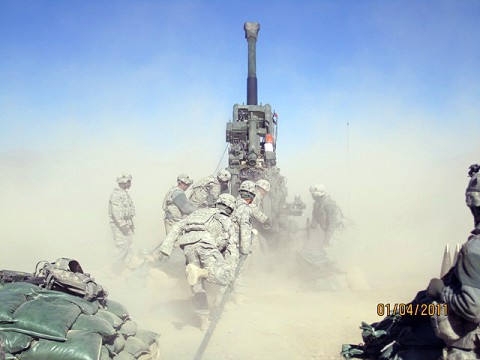 U.S. Army Soldiers from Battery B, 4th Battalion, 320th Field Artillery Regiment, 4th Brigade Combat Team, 101st Airborne Division fire 155mm rounds from an M777A2 howitzer in support of combat operations in Paktika Province Jan. 4th. (Courtesy photo)