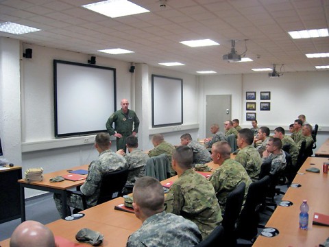 Einsidlerhof Air Base, Germany - U.S. Air Force Lt. Col. Al Roberts, commander of the U.S. Air Force Europe Air Ground Operations School, speaks to forward observers at the Joint Fires Observer Course held at Einsidlerhof Air Base, Germany, during two classes held in January 2011. (Photo by U.S. Army Sgt. Justin Schade, Task Force Currahee, 4th Brigade Combat Team, 101st Airborne Division)