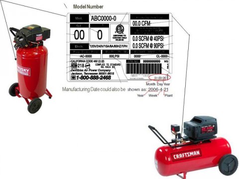 Location of model number and manufacture date on Husky and Craftsman brand air compressors.